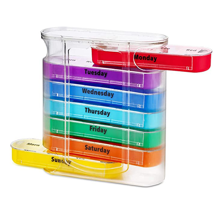 跨境电商热销七天一周28格便携式英语塑料彩虹药盒