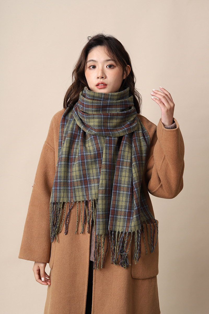 Neues grün kariertes Tuch im koreanischen Stil für Damen, vielseitig einsetzbar im Herbst und Winter, individuell und hochwertig, warmer Schal_voghion.com