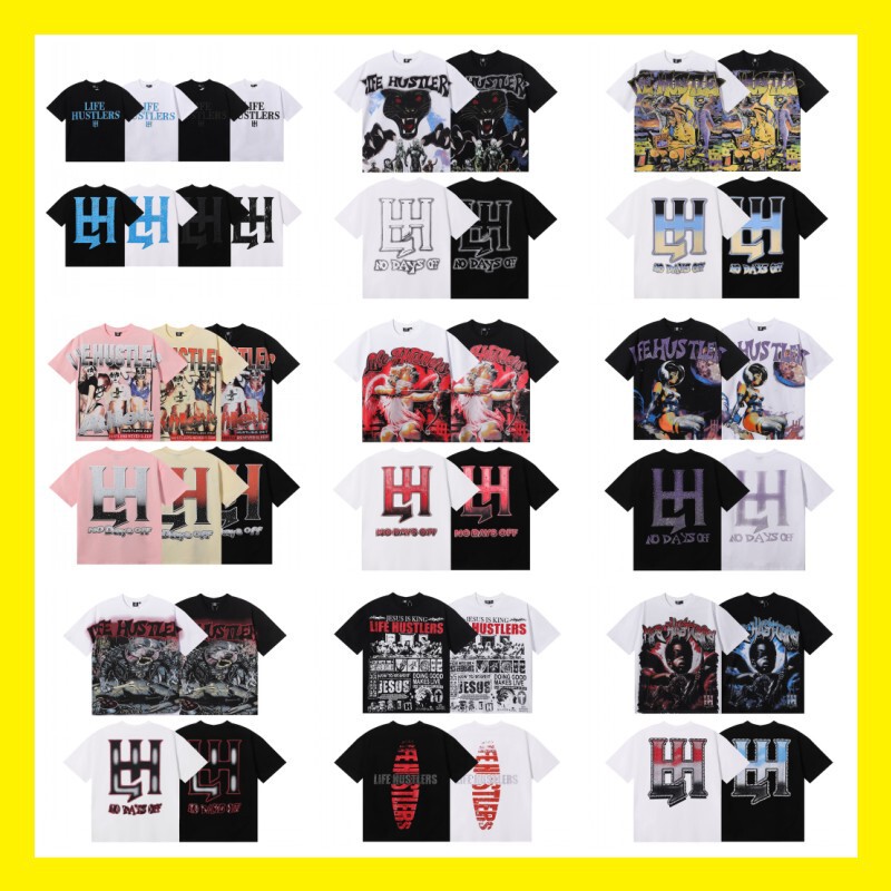 Trendy Life Hustlers Masked Angel Tattoo Print Rhinestone Lettering Unisex Loose Casual Short Sleeve T-Shirt