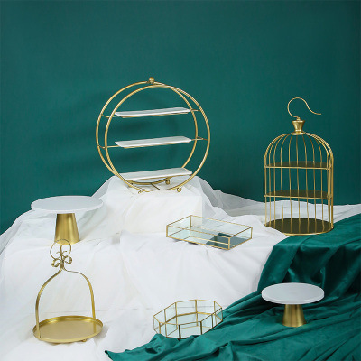 Tabla de postres de estilo europeo, estante de exhibición de bodas, banquete de bodas, estante de pastel, estante de té de la tarde, estante de golden snack set de 7 piezas