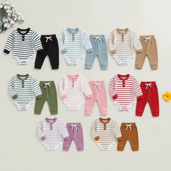 Cross-Border Amazon Tiktok Spring and Autumn Infant Long-Sleeve Cotton Ribbed Striped Romper and Pants Set B23662