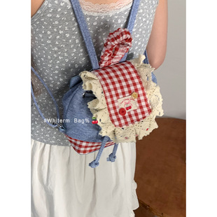 Denim Backpack Women's 2025 New Trendy Fashion Plaid Lace Backpack Handheld Shoulder Bucket Bag