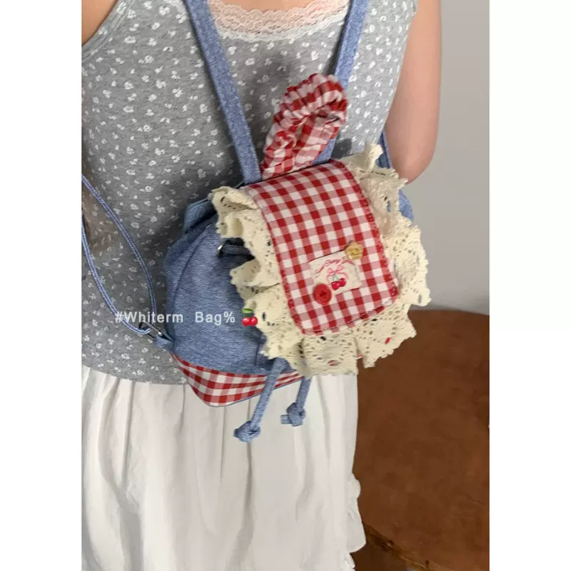牛仔布双肩包包女2025新款潮时尚格子花边背包手提单肩水桶包