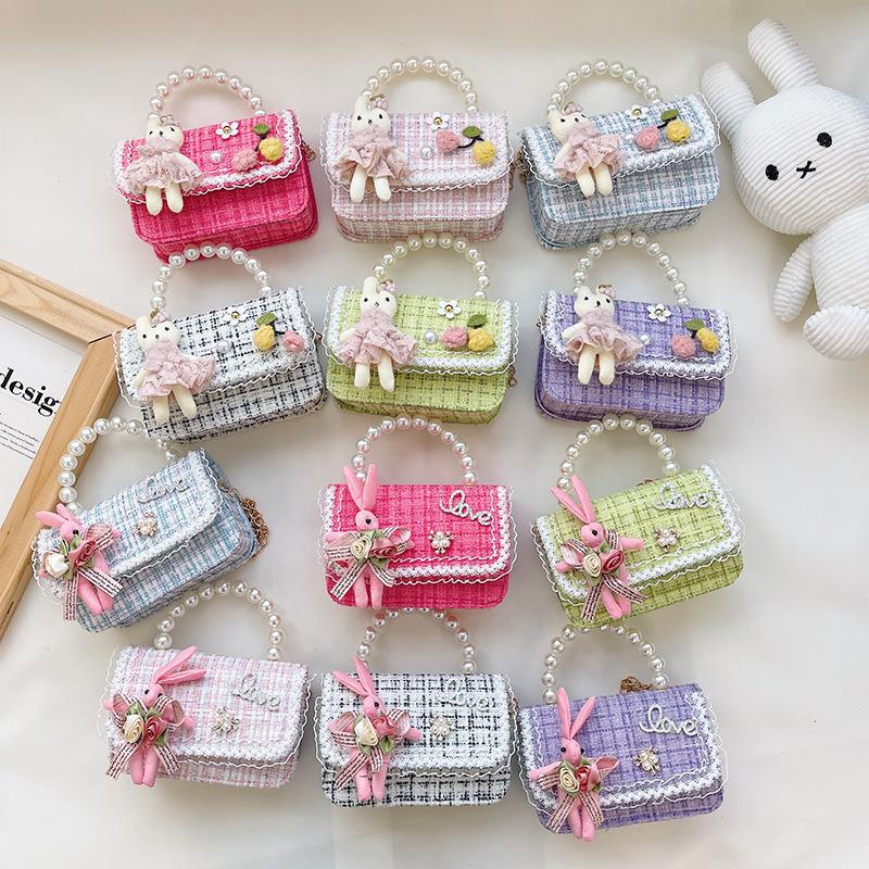 Bolso de perlas para niños 2022 Otoño e Invierno algodón y lino pequeño bolso cuadrado bolsa decorativa de moda para niñas lindas bolsa de mensajero