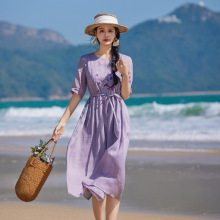 2024新款原创女装苎麻刺绣文艺范长款系带飘逸连衣裙中袖圆领长裙