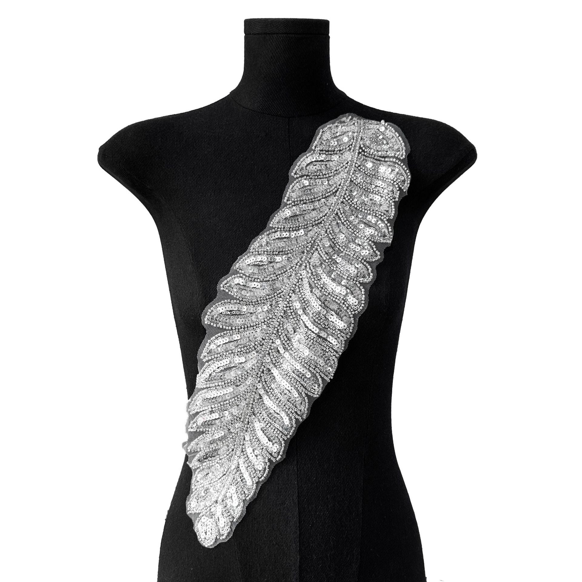 Lentejuelas de malla de hojas de cola de pájaro, pegatinas de tela en forma de hoja de árbol de plumas, vestidos de novia, vestidos de novia, accesorios de ramillete bordados