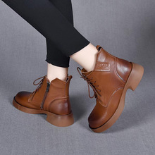 皮靴女2023秋冬新款头层牛皮马丁靴圆头系带平底靴短靴舒适机车靴