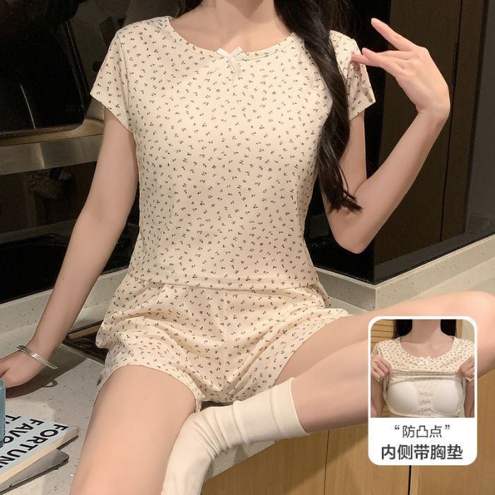 Estilo explosivo con almohadilla para el pecho, seda de hielo, cuello redondo acanalado, Douyin Live, libro rojo, moda de verano, pijamas de manga corta, servicio a domicilio para mujeres image 9