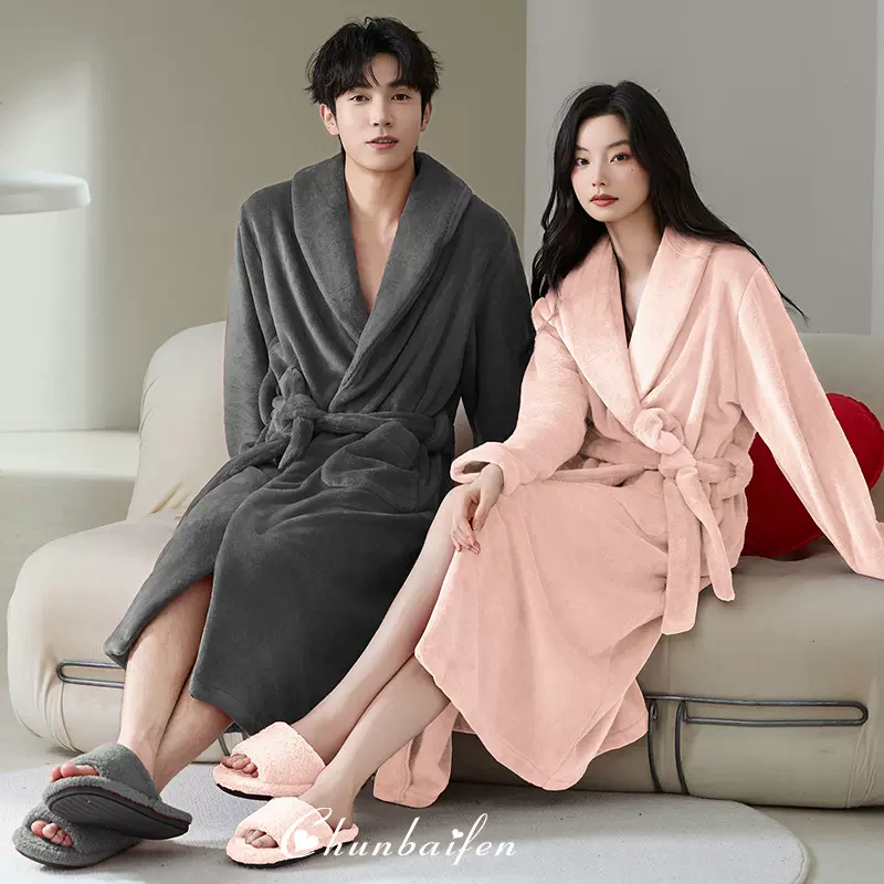 情侣睡衣睡袍秋冬款加厚加绒法兰绒长款男女款系带家居服保暖2025