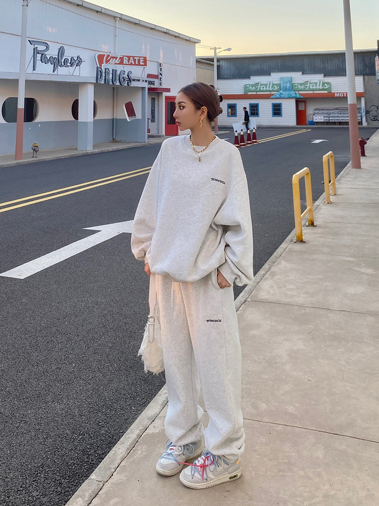 001 American Style Trendy Gray Sweatshirt Set For Women, Spring, Autumn, Winter, Thin Loose Lazy Casual Jogger Pants_voghion.com