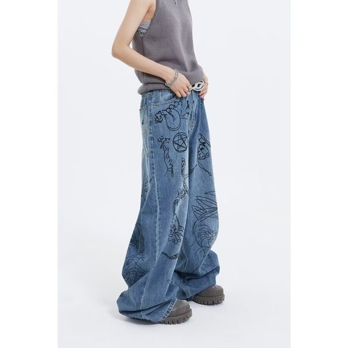 Vintage graffiti relaxed high-waisted jeans for men and women, Insta-style niche American street wide-leg pants, trendy