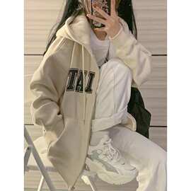 新款美式复古oversize卫衣外套女春秋季棒球服女设计感小众潮