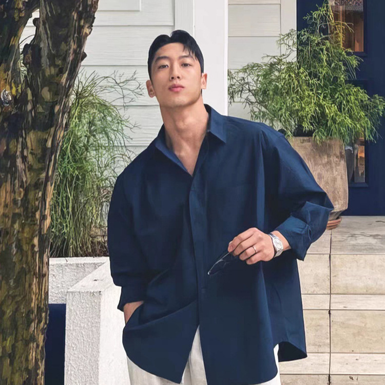 Navy Blue Cotton and Linen Shirt Men's American Retro Loose Long-Sleeved Sun Protection Cardigan Thin Breathable Linen Work Shirt