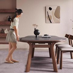 伸縮岩板実木食卓家庭用小戸型可変円卓現代シンプルで贅沢な周囲両用食卓