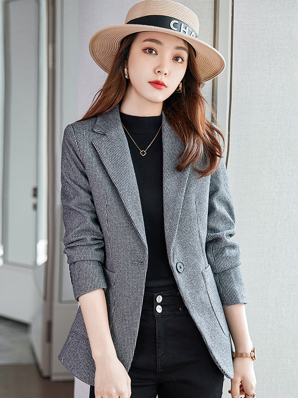 (2개) HOUNDSTOOTH 작은 세트 재킷 여성의 2024 가을 및 겨울 새로운 슬림 핏 슬리밍 우아한 캐주얼 올 매치 작은 세트 탑