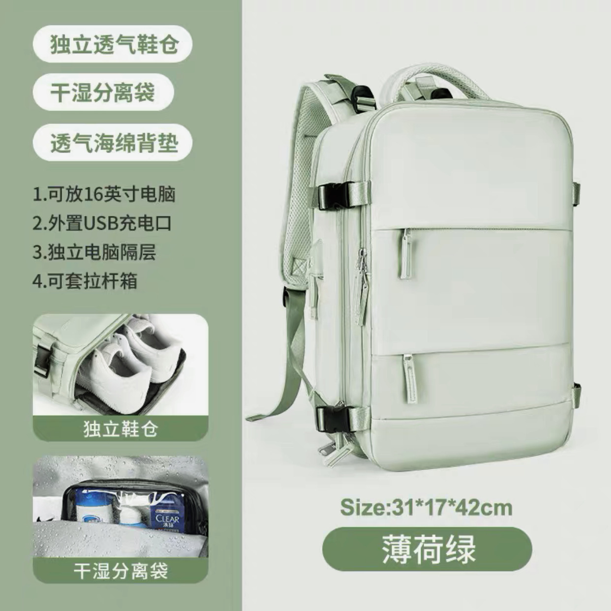 En stock mochila de viaje multifuncional para niñas transfronterizas clasificación húmeda y seca mochila de momia impermeable de gran capacidad