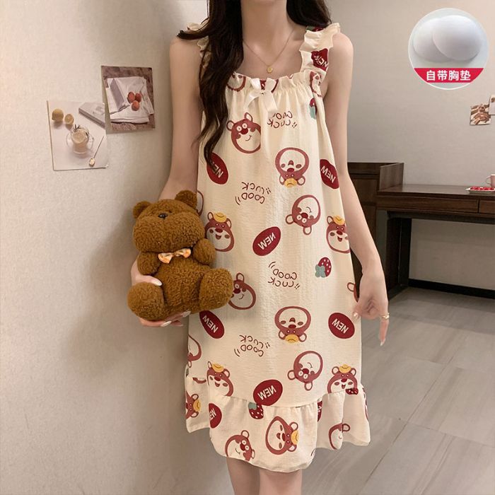 Venta al por mayor transfronteriza nuevo estilo verano honda almohadilla para el pecho pijama mujer lindo dulce y cómodo paño arrugado burbuja camisón de longitud media