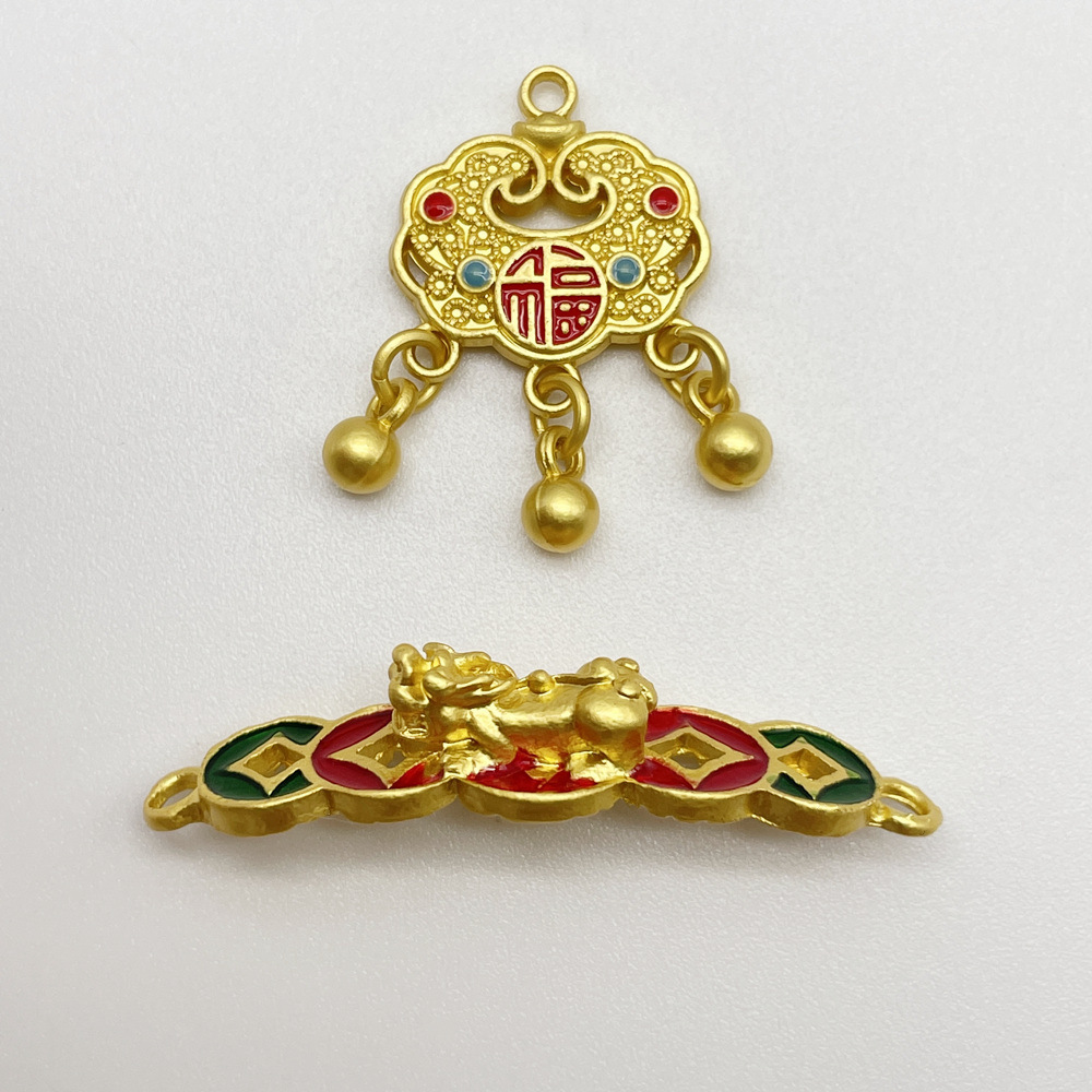 保色古法金哑金招财貔貅编织手链项链福字长命锁diy吊坠挂坠饰品