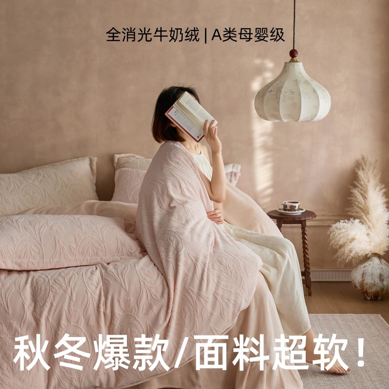 Light Luxury Cat-Like A-Class Milk Velvet Bed Four-Piece Set Winter Warm Carved Velvet Bed Sheetss Thickeneded Quilt Cover Bed Bed Sheets 4