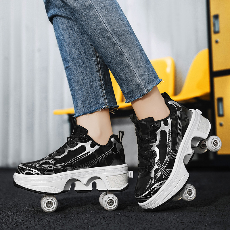 Factory Direct Sales Large Four-Wheel Flying Shoes One-Click Shrinking Heelys Shoes for Male Students Pulley Wheeled Girls Skates