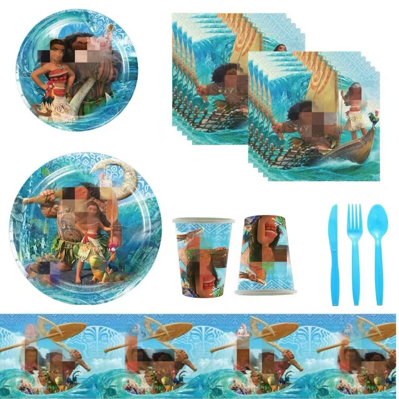 in stock Moana Ocean Wonder Theme Party Decoration Disposable Tableware Paper Cup Paper Plate Tablecloth Knife, Fork and Spoon
