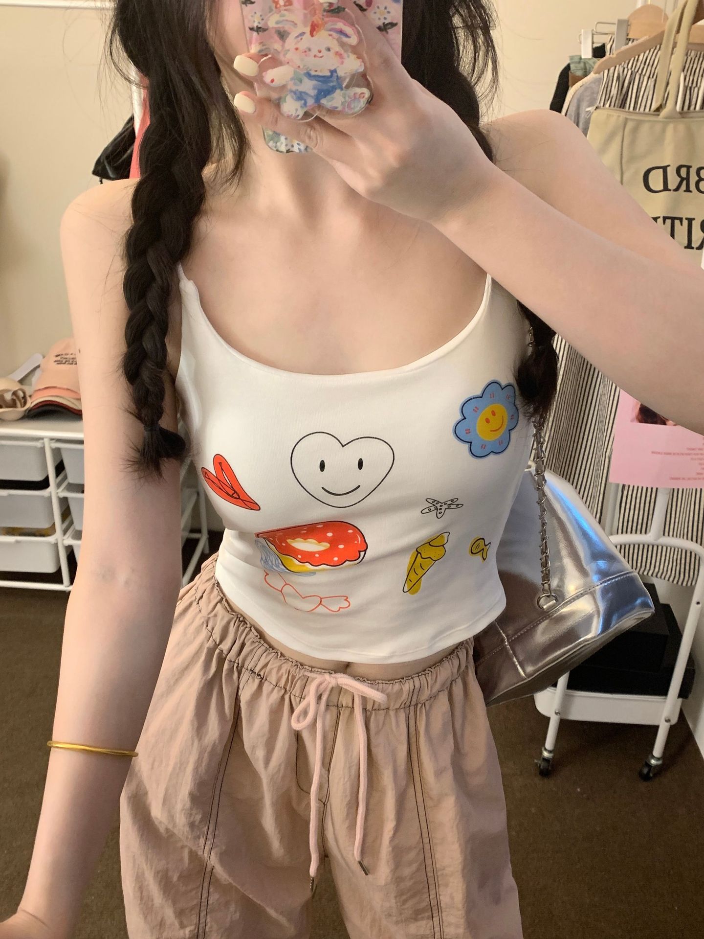 甜辣性感纯欲印花带胸垫小吊带背心女内搭夏季短款露脐外穿上衣潮