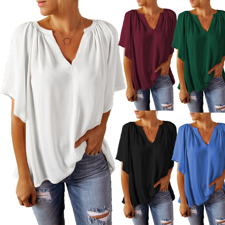 2024 Summer New Loose Quarter Sleeve T-shirt Women's V-neck Pullover Top_voghion.com