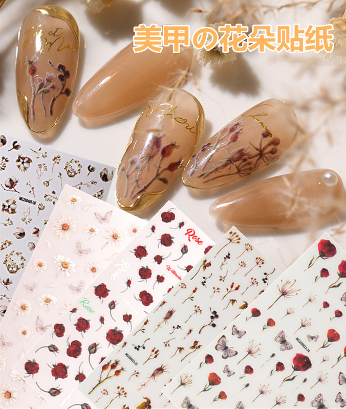 Japanese Nail Art Stickers Retro Flowers Fresh Zou Ju Rose Dandelion Painted Glue Nail Decoration