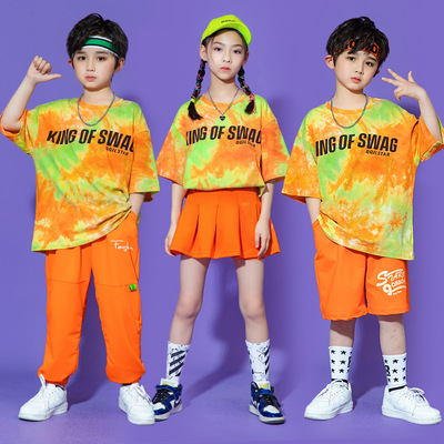Children Rapper singer orange colorful jazz dance costumes for girls boys Hip hip street dance outfits children girls cheerleading uniforms performance clothing
