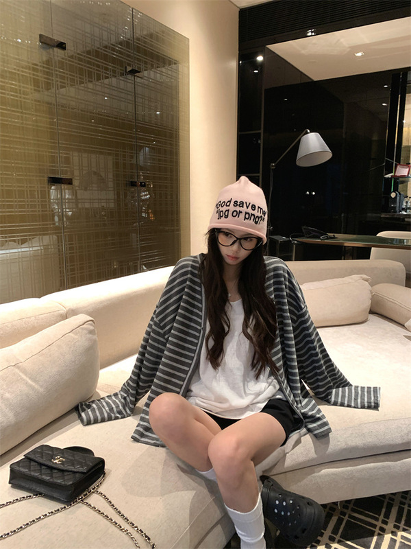2025新款慵懒风条纹长袖外套女装秋季复古盐系宽松单排扣开衫上衣|undefined