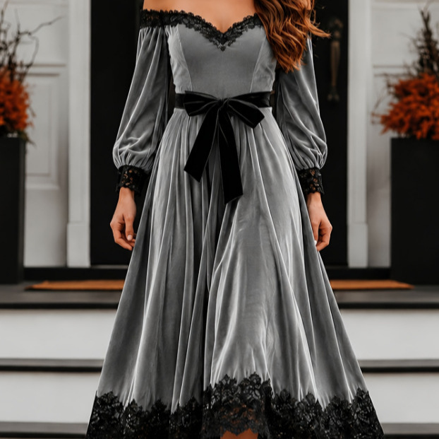 (Annuo Self-Developed) 2026 European and American Women's Fashion Amazon Independent Site Sexy Lace Patchwork Velvet Long Dress Evening Gown