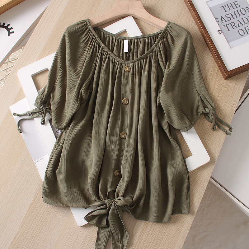 The whole box of original goods! Comfortable cool feeling! Loose Casual Short-sleeved Shirt with Collar and Strap Women's Round Neck Mori Top