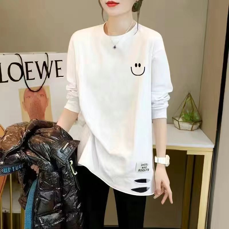 Korean style versatile fashion double-sided velvet with shark pants long sleeve T-shirt women's autumn and winter new mid-length fart-covering T-shirt