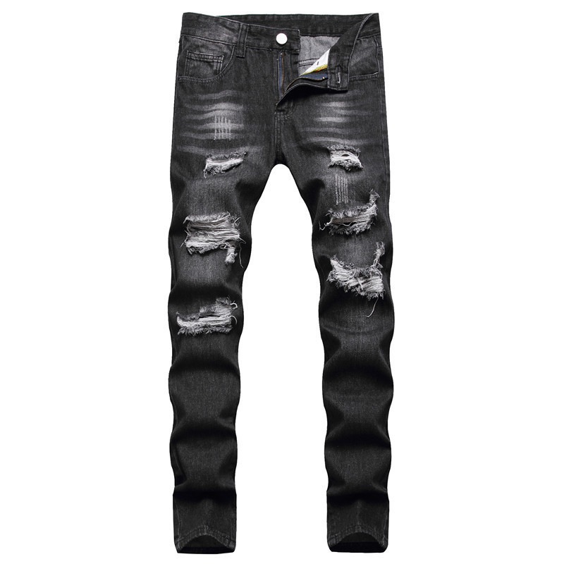 Manufacturer's Ready-Made Summer Black European and American Casual Youth Trousers Non-Elastic Mid-Waist Multi-Hole Straight Jeans