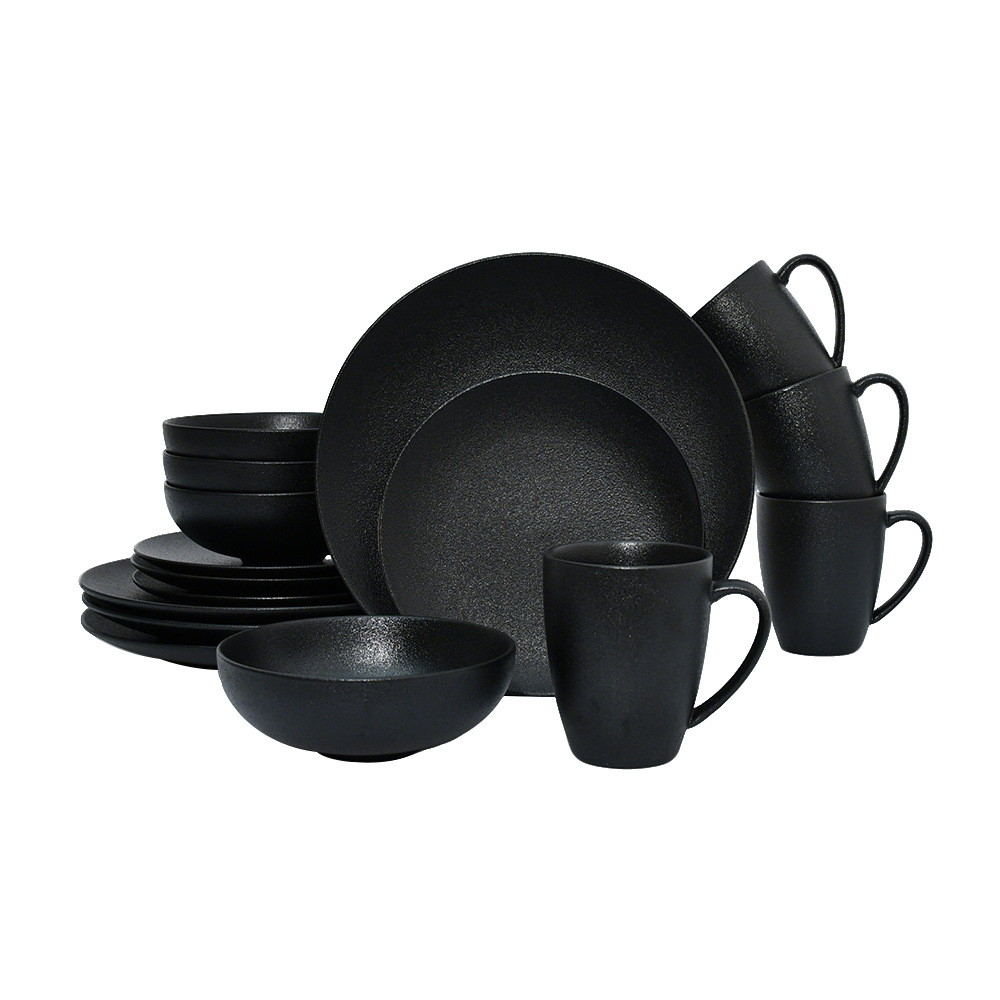 Ceramic black plates bowl dinnerware Set of 4 set de 16 piezas