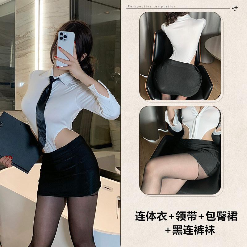 [히든버튼 가랑이 점프수트+넥타이] + 블랙 힙스커트 + 블랙 팬티스타킹