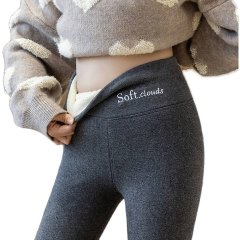Polainas de Cachemira de las mujeres de otoño e invierno forrada de lana engrosada desgaste exterior de cintura alta pantalones ajustados pantalones grises de invierno cálido pantalones de algodón