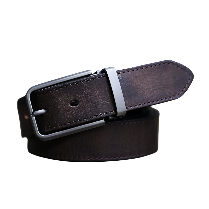 Handmade Top Layer Vintage Vegetable Tanned Pure Cowhide Pin Buckle Men's Workwear Pants Distressed Genuine Leather Belt_voghion.com