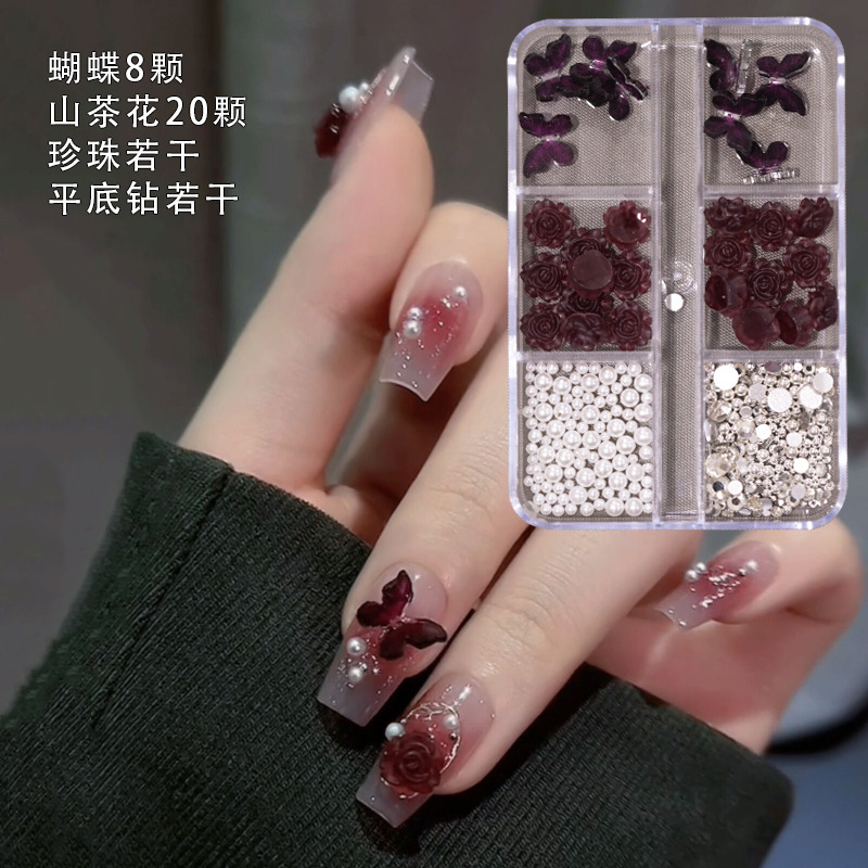 Explosions wine red manicure three-petal Camellia ice through caramel stereo rose flower small bow nail decoration