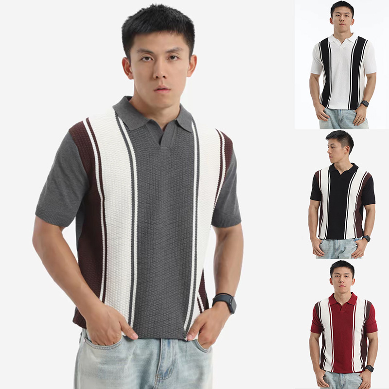 Polo camiseta de punto camiseta de manga corta camiseta hombre cuello V gaviota cuello rayas piña vieja fábrica de viento de verano al por mayor