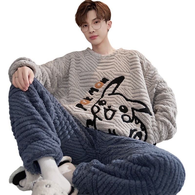 Pijamas de invierno de los hombres de coral de lana engrosada forrada de lana cálido desgaste del hogar traje de dibujos animados de franela Jersey de invierno de los hombres