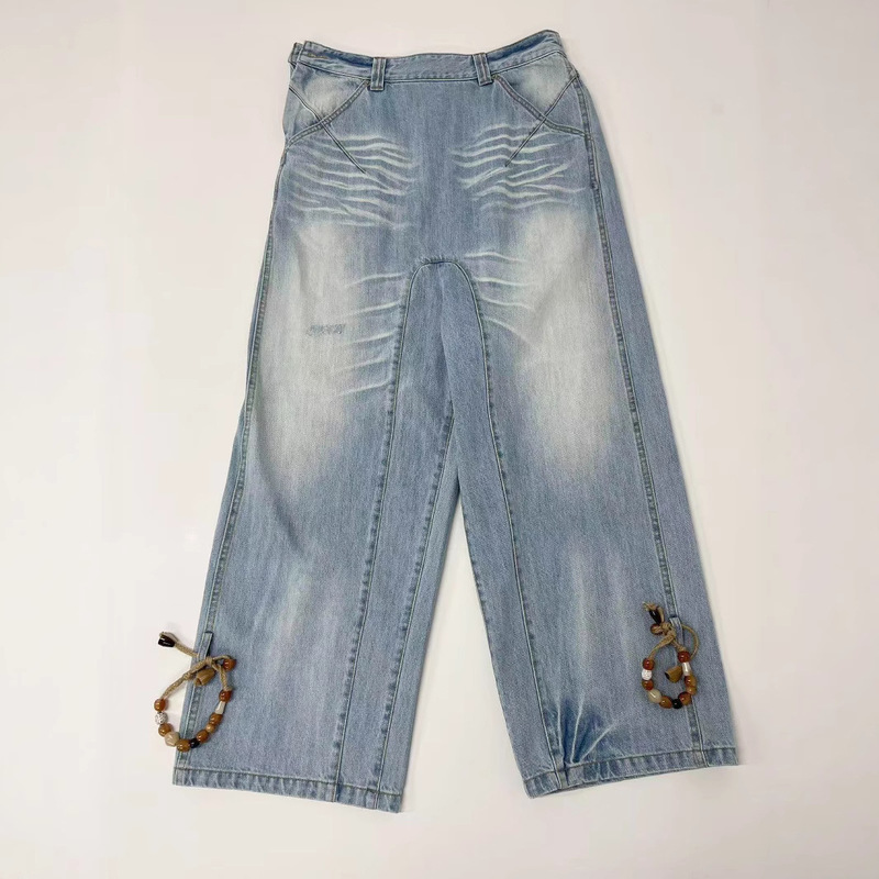 Factory Direct Loose Low-Rise Beaded Drawstring Denim Pants for Women in Blue