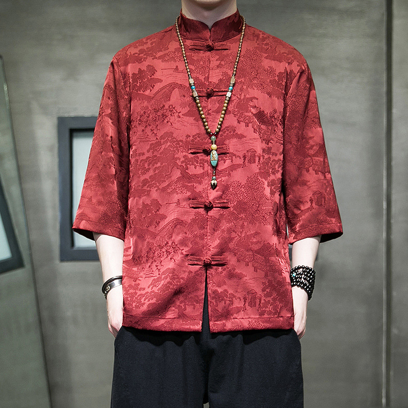 Ice Silk Shirt Men's Short-Sleeved Shirt Summer Half-Sleeved New Chinese Style Chinese Style Tang Suit Tops Han Dynasty Men's Jacket