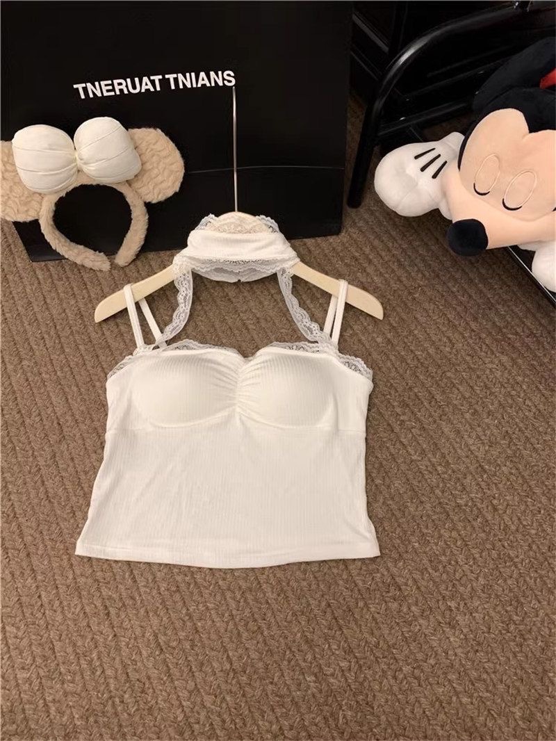 Nuevo dulce caliente chica de encaje colgante colgante chaleco pequeño para mujeres en verano con ropa exterior delgada camisa de base corta