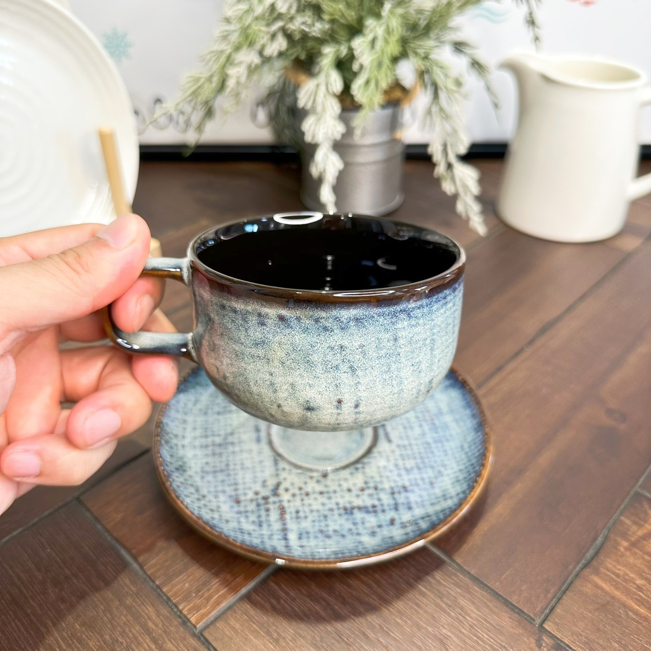 Juego de tazas de café individuales de la serie LZ export cross-border tableware, con diseño de lino cerámico y diseño de mezclilla.