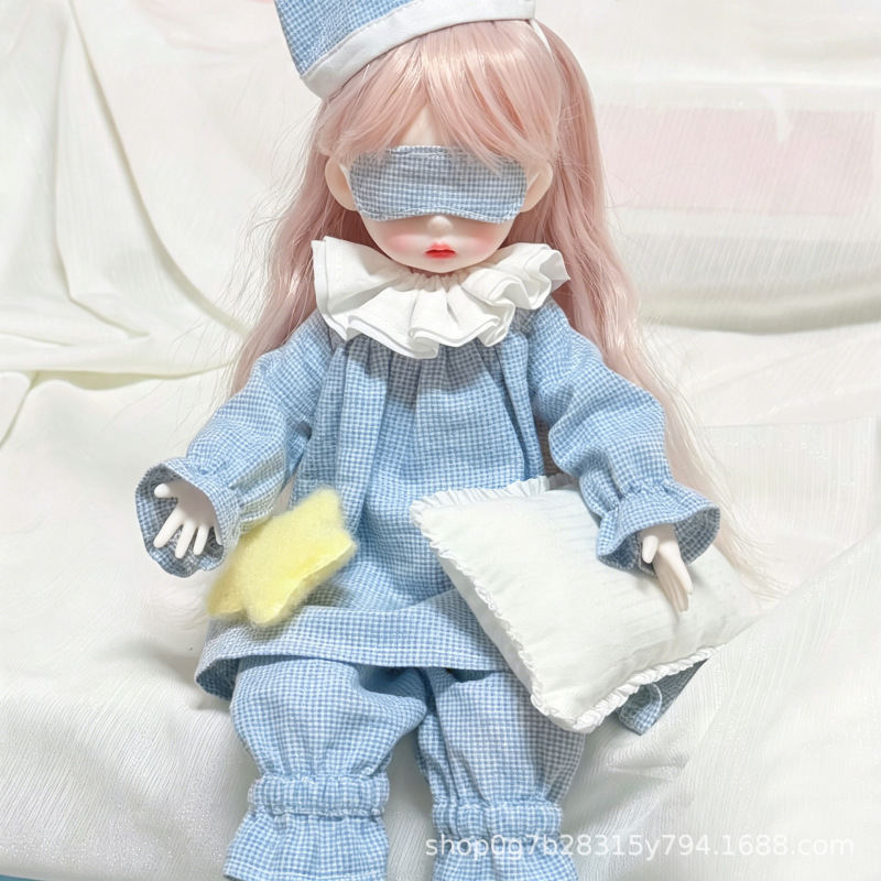High-Appearance Value Blue and White Plaid Star Pajama Set, Sweet 6-Point Bjd Doll Full Set Casual Loungewear