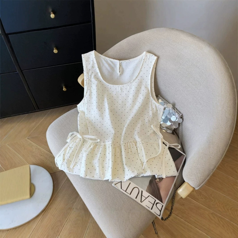 Unique and Stylish, Super Attractive~ Fashionable Polka Dot Sleeveless White Shirt Vest for Women, Summer Ruffled Hem Loose Top Unique and Stylish, Super Attractive~ Fashionable Polka Dot Sleeveless White Shirt Vest for Women, Summer Ruffled Hem Loose Top