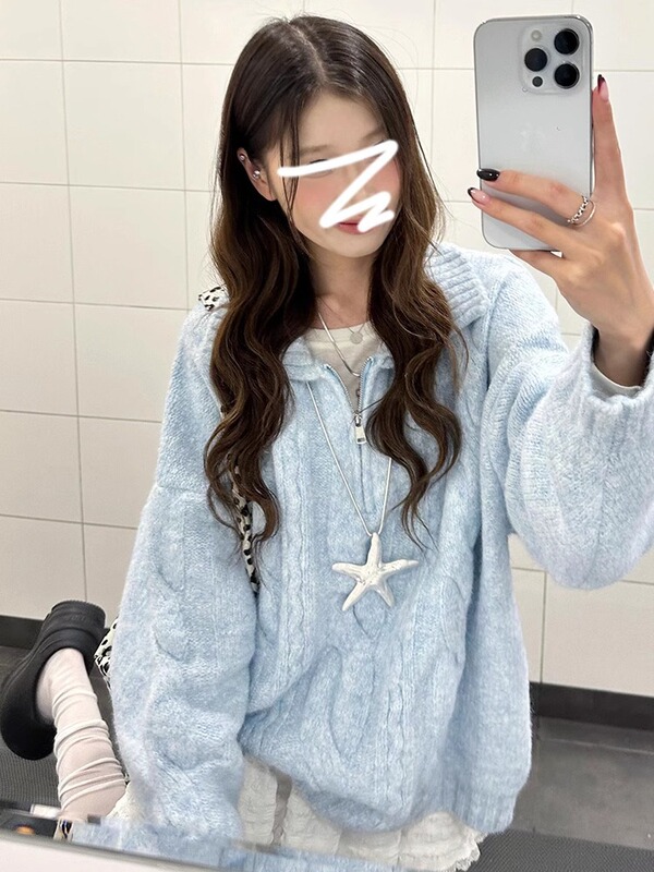 蓝色麻花翻领毛衣女2025新款奶fufu慵懒风韩系秋冬季穿搭针织上衣|undefined