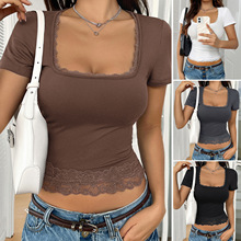 迪芸2025春夏跨境欧美上衣女装Y2K性感纯色U领蕾丝拼接bm短袖T恤