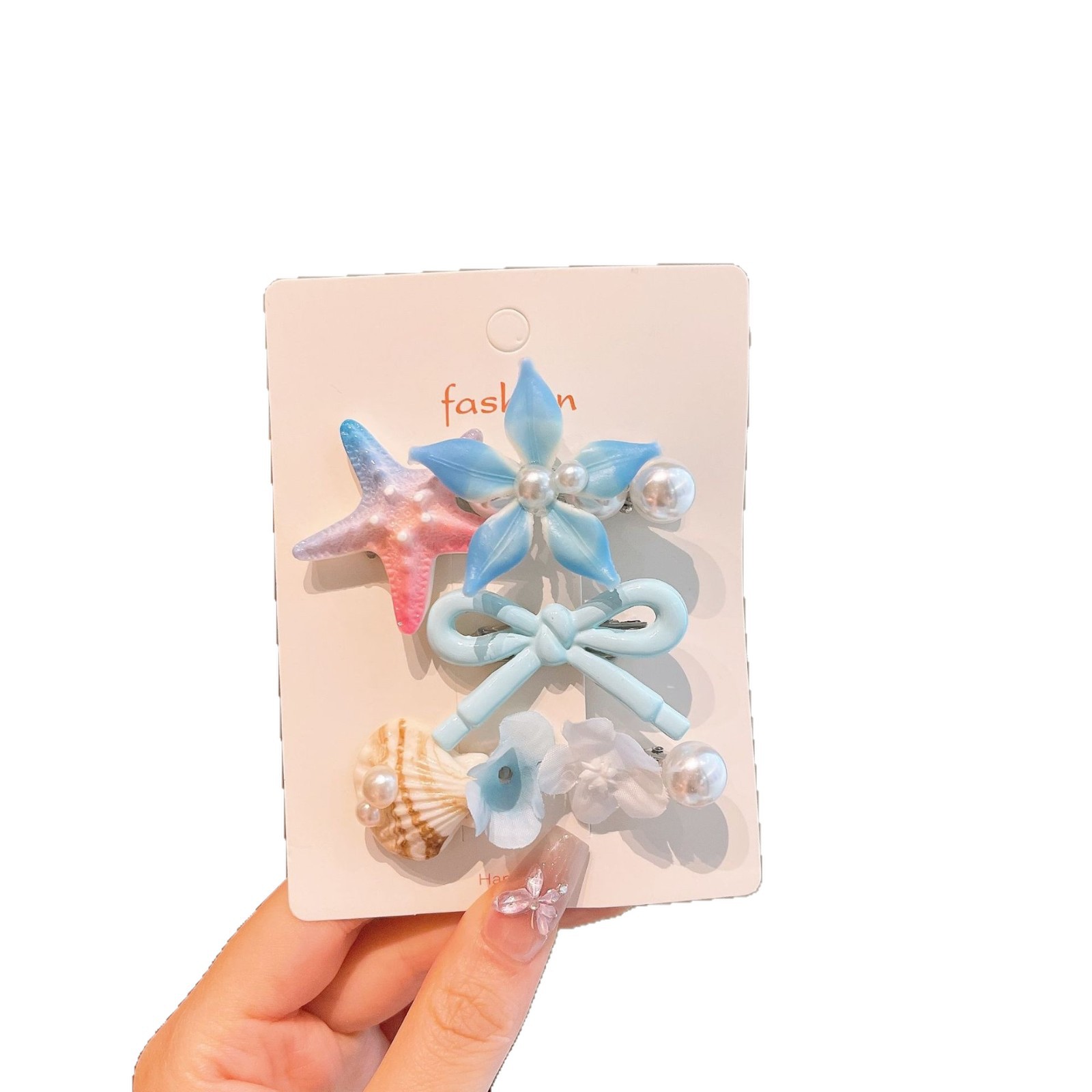 Nuevo adorable adornamiento para el cabello de niños estrella de mar conchas de perlas clips para el cabello de mujeres gradiente estereoscópico flores pequeñas toque de cabeza para niños